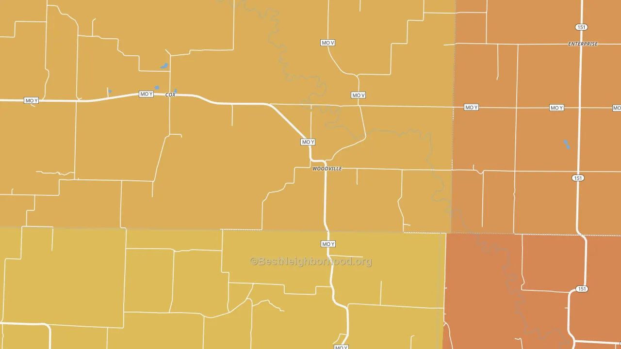 Map of the best neighborhoods in the Woodville area, with better matches in green and worse matches in red