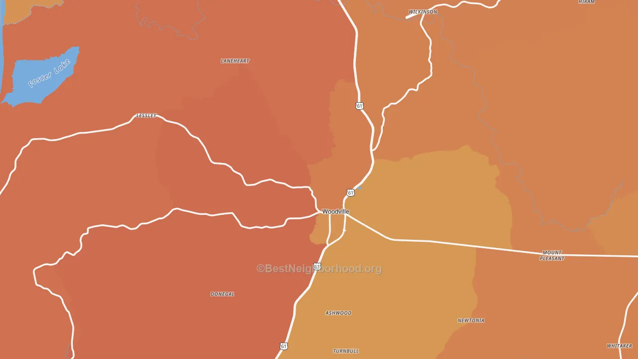 Map of the best neighborhoods in the Woodville area, with better matches in green and worse matches in red