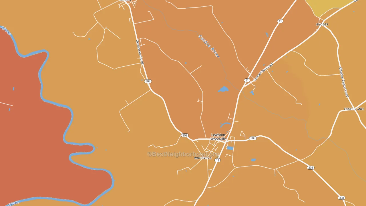 Map of the best neighborhoods in the Woodville area, with better matches in green and worse matches in red