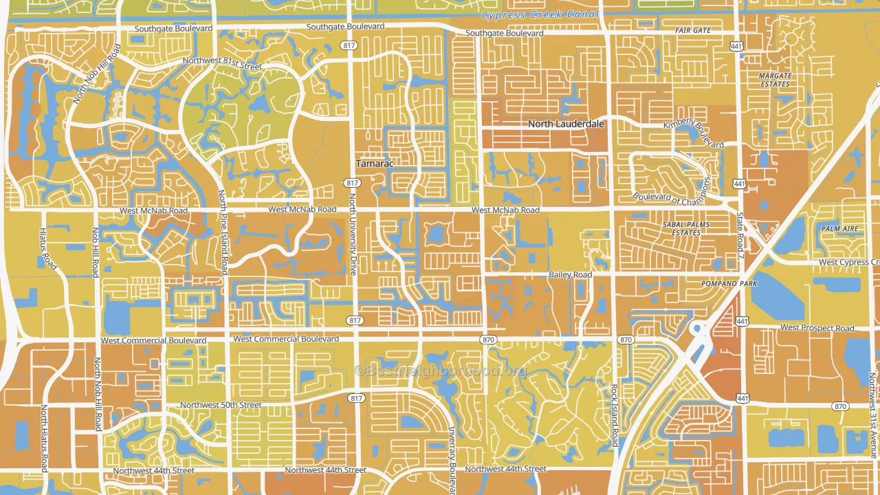 Map of the best neighborhoods in the Woodville, North Lauderdale area, with better matches in green and worse matches in red