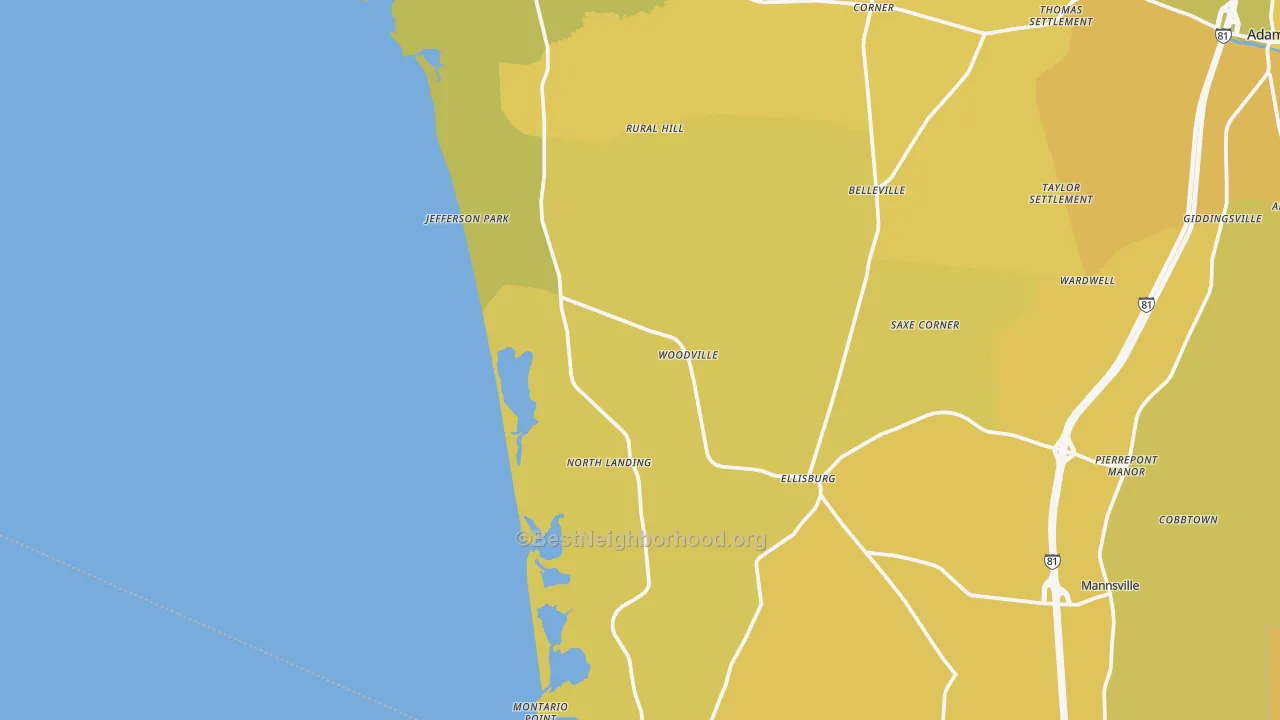 Map of the best neighborhoods in the Woodville area, with better matches in green and worse matches in red