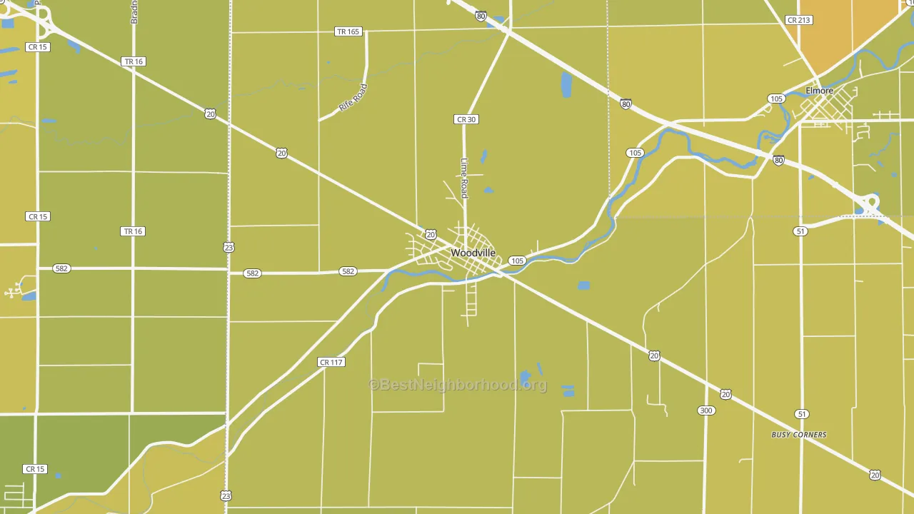 Map of the best neighborhoods in the Woodville area, with better matches in green and worse matches in red