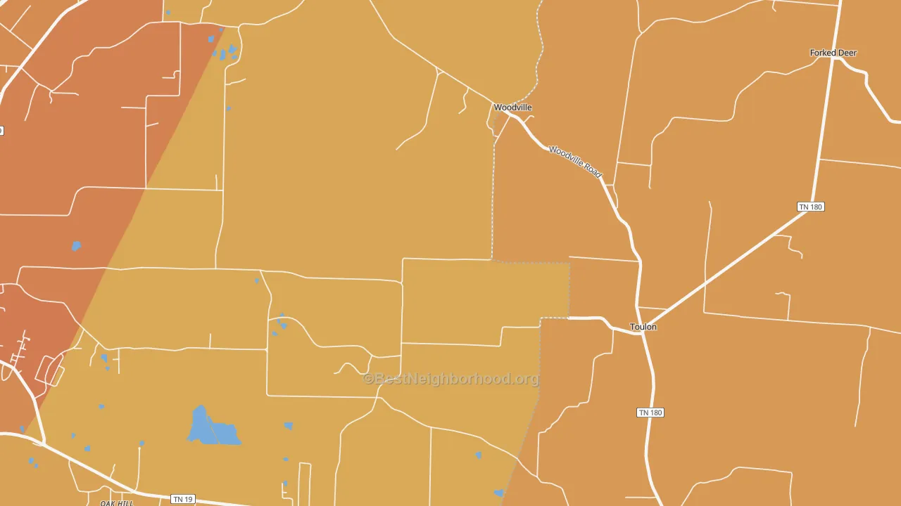 Map of the best neighborhoods in the Woodville area, with better matches in green and worse matches in red