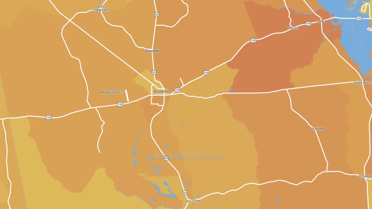 Map of the best neighborhoods in the Woodville area, with better matches in green and worse matches in red