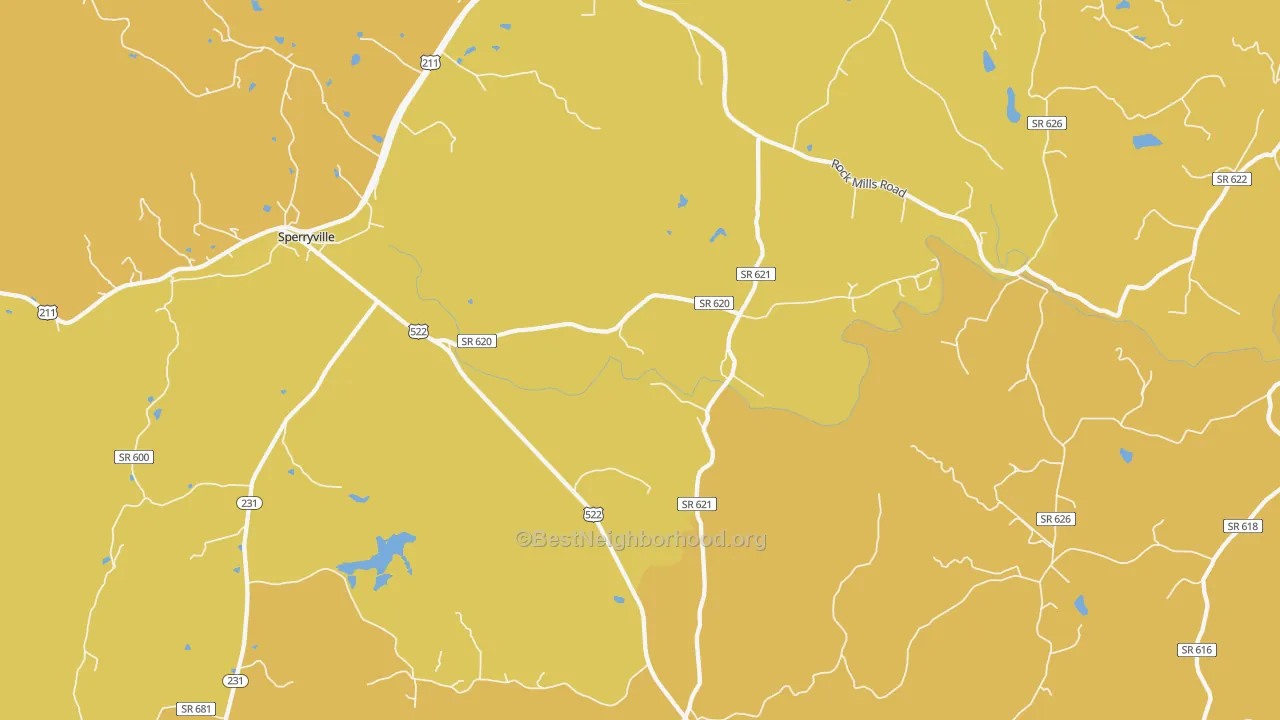 Map of the best neighborhoods in the Woodville area, with better matches in green and worse matches in red