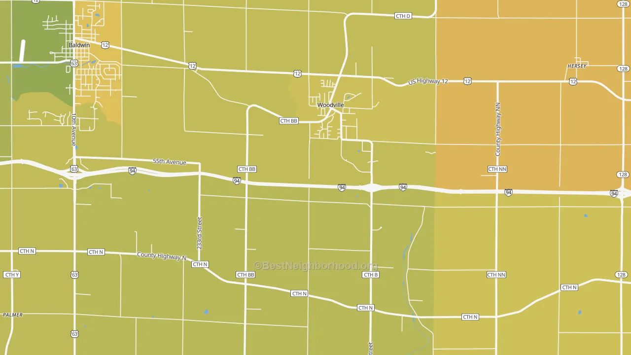 Map of the best neighborhoods in the Woodville area, with better matches in green and worse matches in red