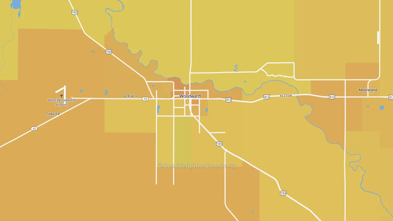 Map of the best neighborhoods in the Woodward County area, with better matches in green and worse matches in red