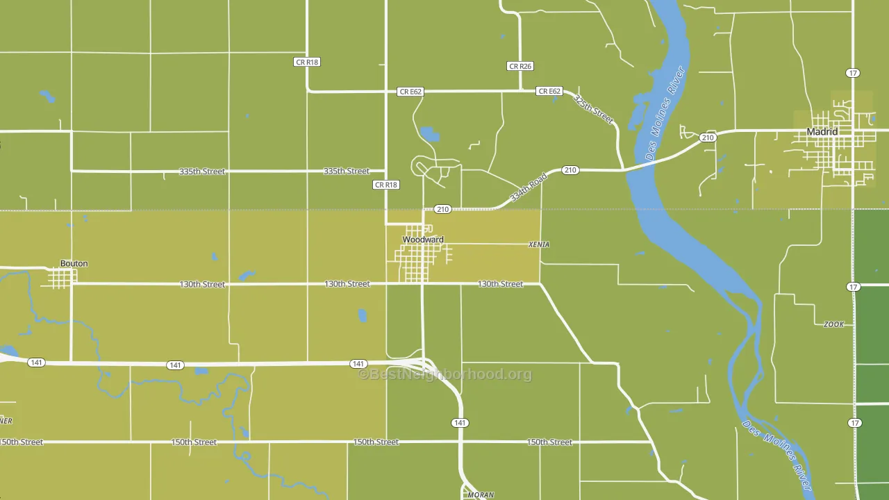 Map of the best neighborhoods in the Woodward area, with better matches in green and worse matches in red