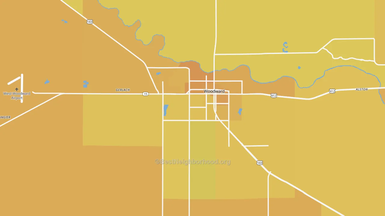 Map of the best neighborhoods in the Woodward area, with better matches in green and worse matches in red
