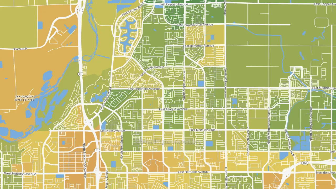 Map of the best neighborhoods in the Woodward Park, Fresno area, with better matches in green and worse matches in red