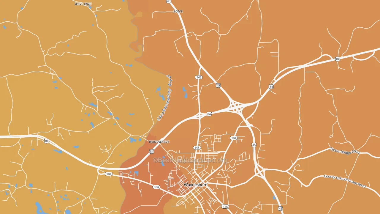Map of the best neighborhoods in the Woodwards area, with better matches in green and worse matches in red