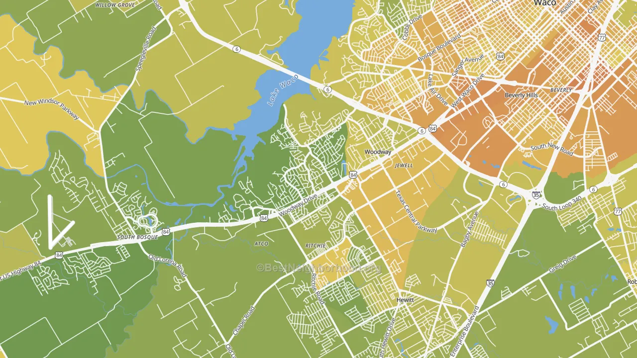 Map of the best neighborhoods in the Woodway area, with better matches in green and worse matches in red