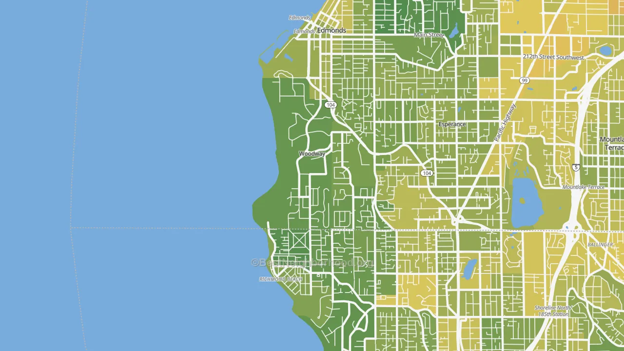 Map of the best neighborhoods in the Woodway area, with better matches in green and worse matches in red