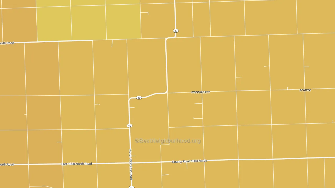 Map of the best neighborhoods in the Woodworth area, with better matches in green and worse matches in red