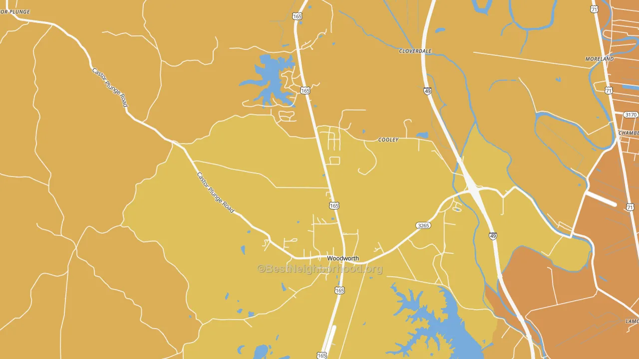 Map of the best neighborhoods in the Woodworth area, with better matches in green and worse matches in red
