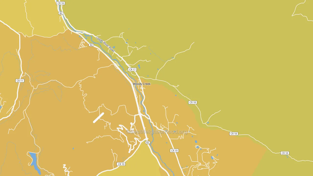 Map of the best neighborhoods in the Woody Creek area, with better matches in green and worse matches in red