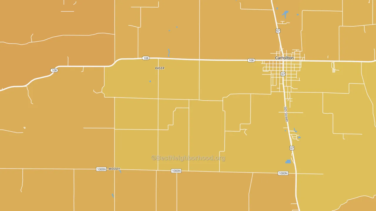 Map of the best neighborhoods in the Woody area, with better matches in green and worse matches in red