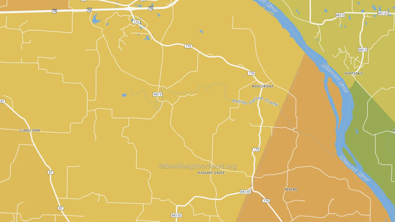 Map of the best neighborhoods in the Wooldridge area, with better matches in green and worse matches in red
