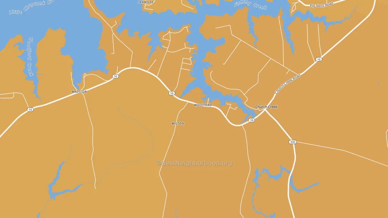 Map of the best neighborhoods in the Woolford area, with better matches in green and worse matches in red