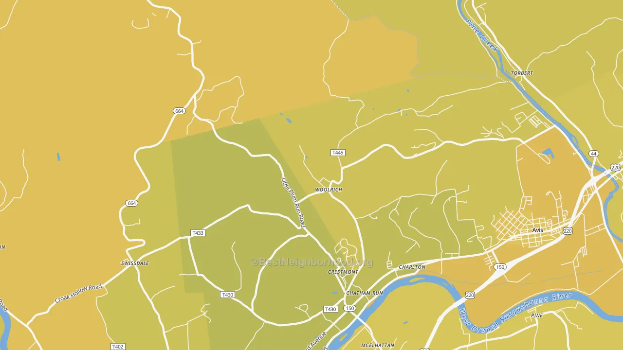 Map of the best neighborhoods in the Woolrich area, with better matches in green and worse matches in red