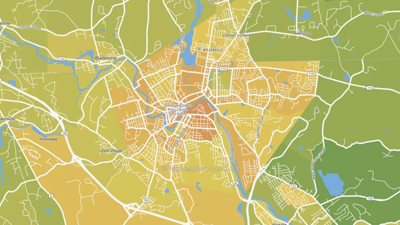 Map of the best neighborhoods in the Woonsocket area, with better matches in green and worse matches in red