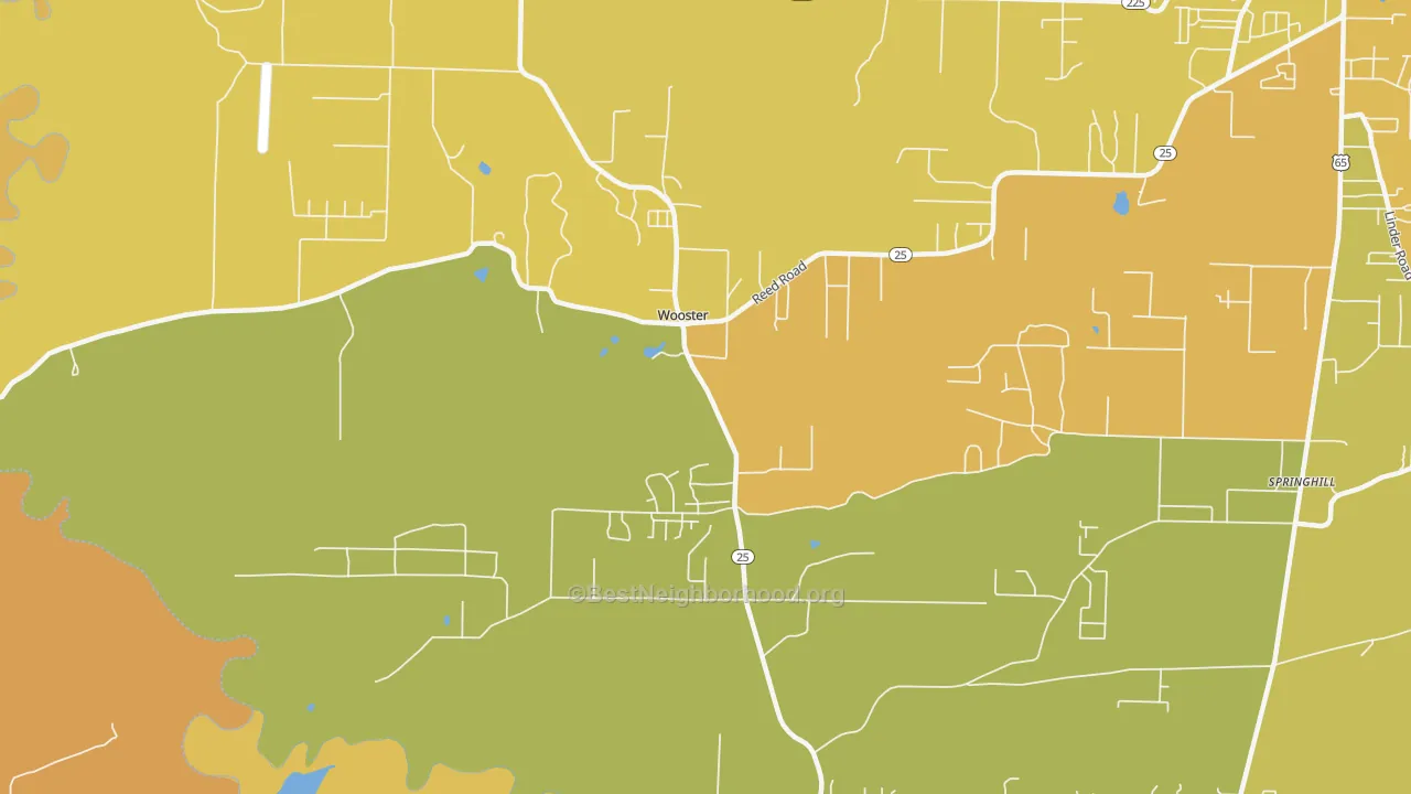 Map of the best neighborhoods in the Wooster area, with better matches in green and worse matches in red
