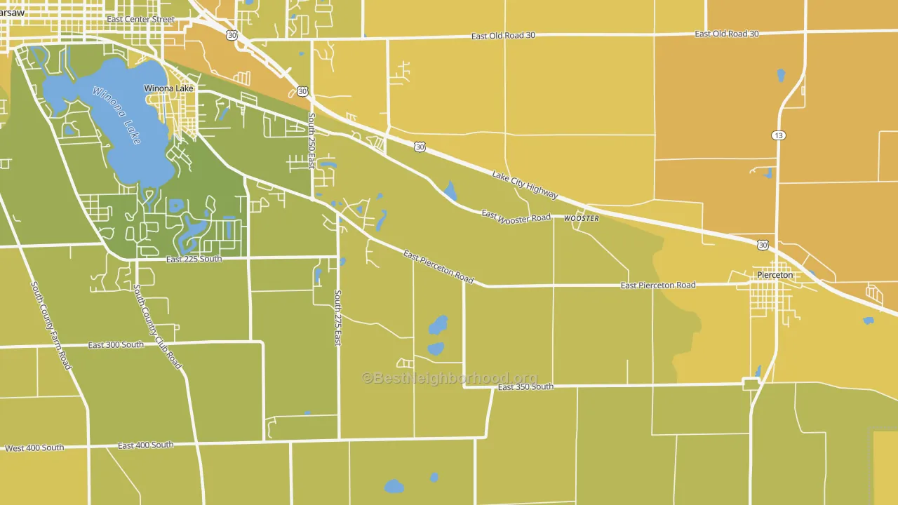 Map of the best neighborhoods in the Wooster area, with better matches in green and worse matches in red
