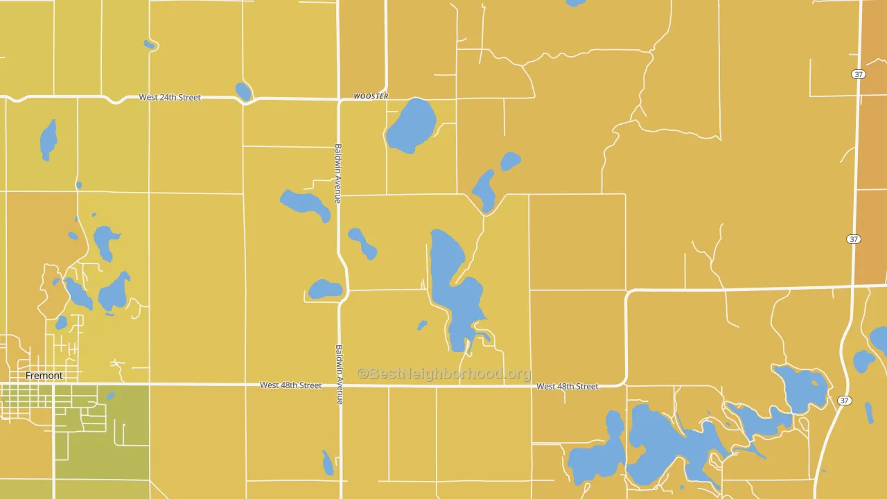 Map of the best neighborhoods in the Wooster area, with better matches in green and worse matches in red