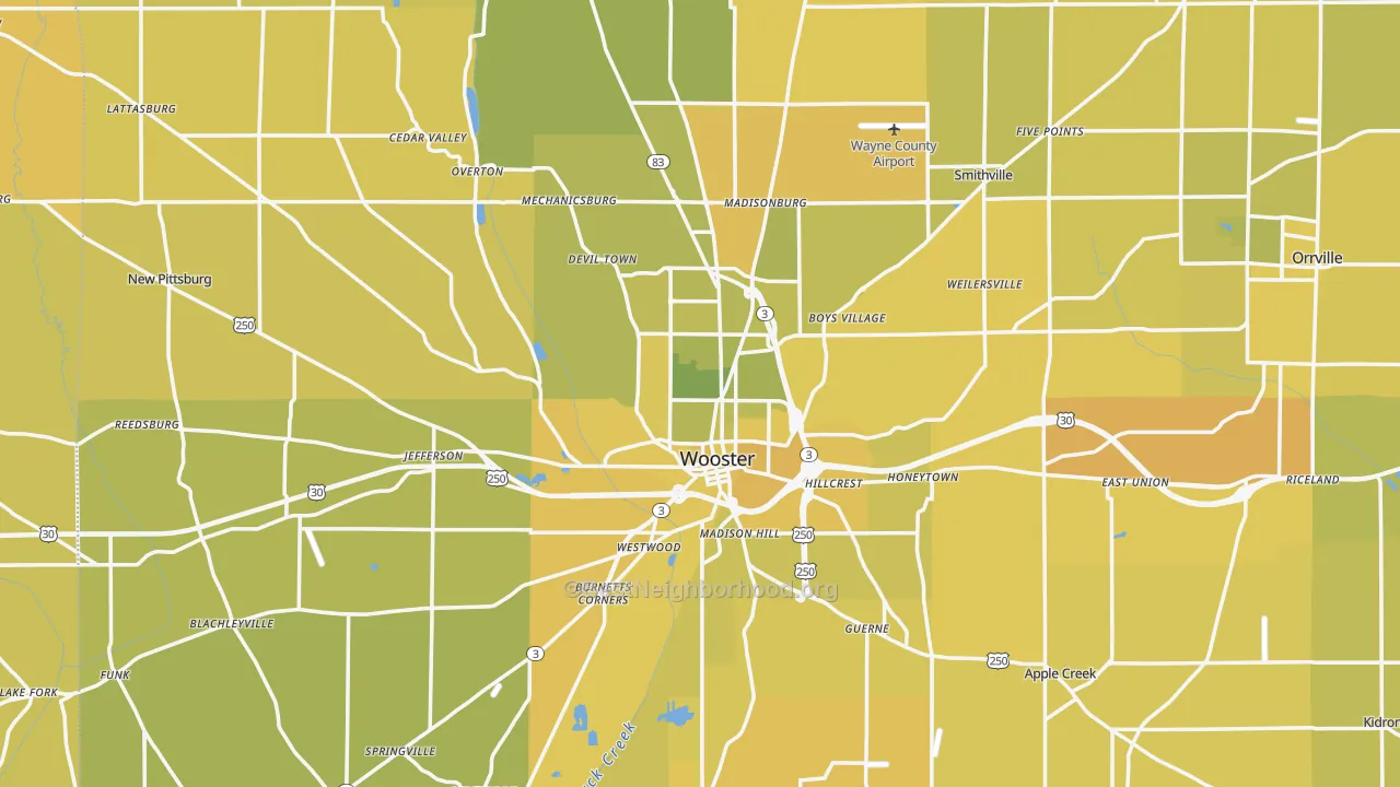 Map of the best neighborhoods in the Wooster area, with better matches in green and worse matches in red