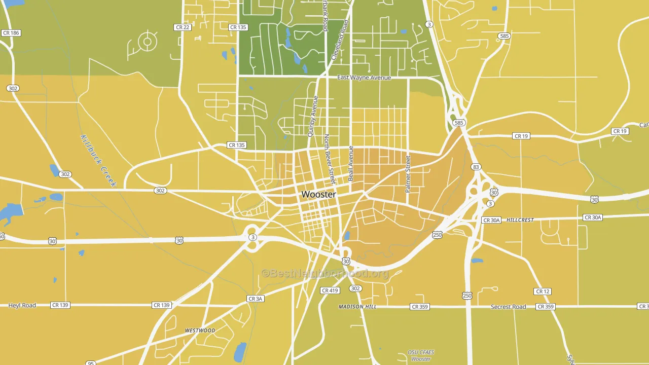 Map of the best neighborhoods in the Wooster Public Square Historic District, Wooster area, with better matches in green and worse matches in red