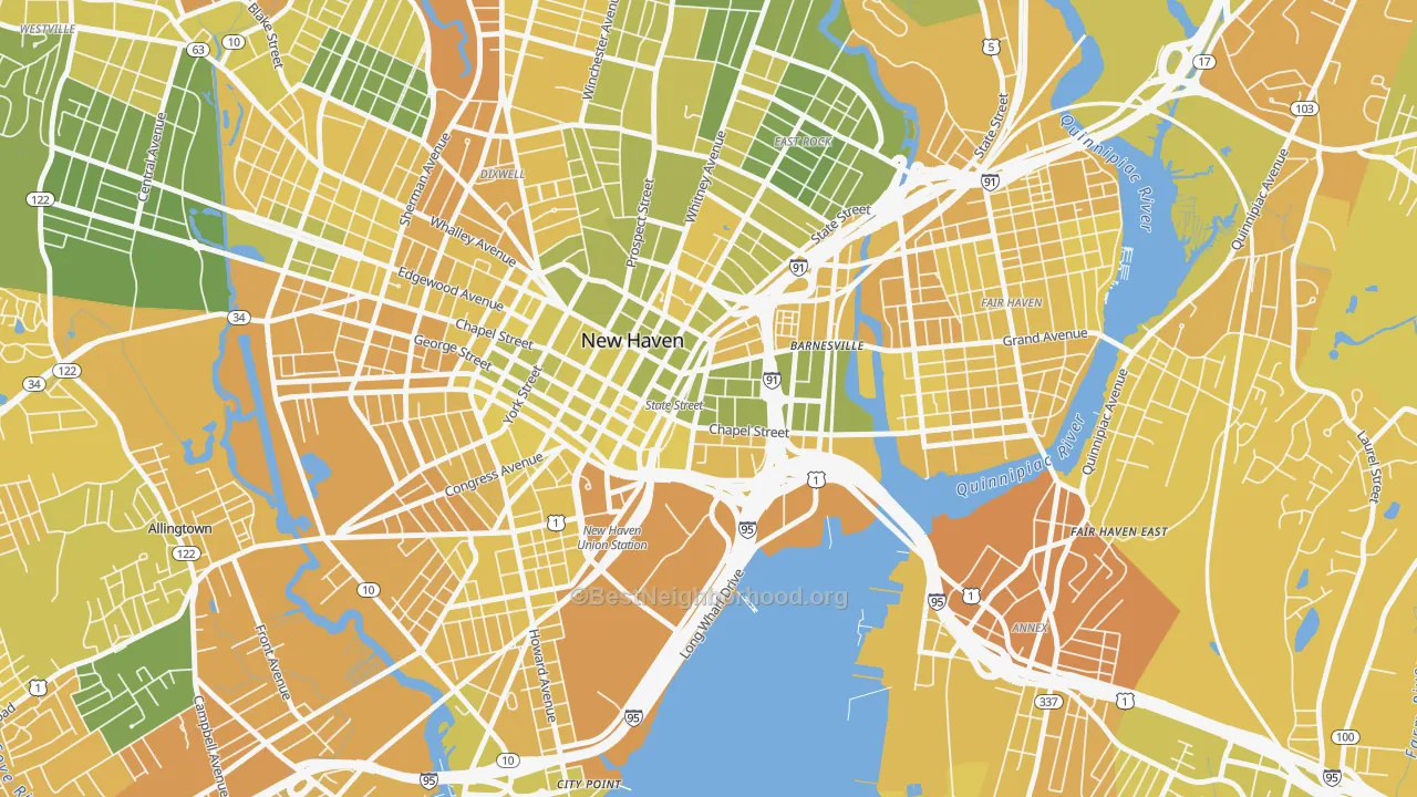 Map of the best neighborhoods in the Wooster Square, New Haven area, with better matches in green and worse matches in red