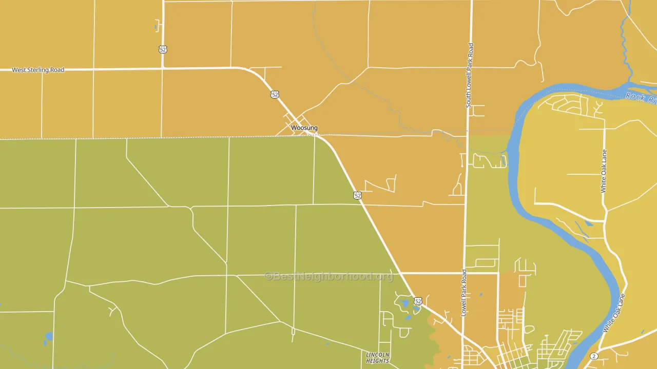 Map of the best neighborhoods in the Woosung area, with better matches in green and worse matches in red