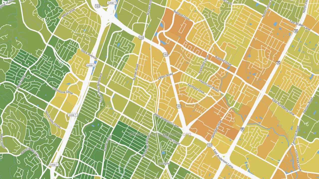 Map of the best neighborhoods in the Wooten, Austin area, with better matches in green and worse matches in red