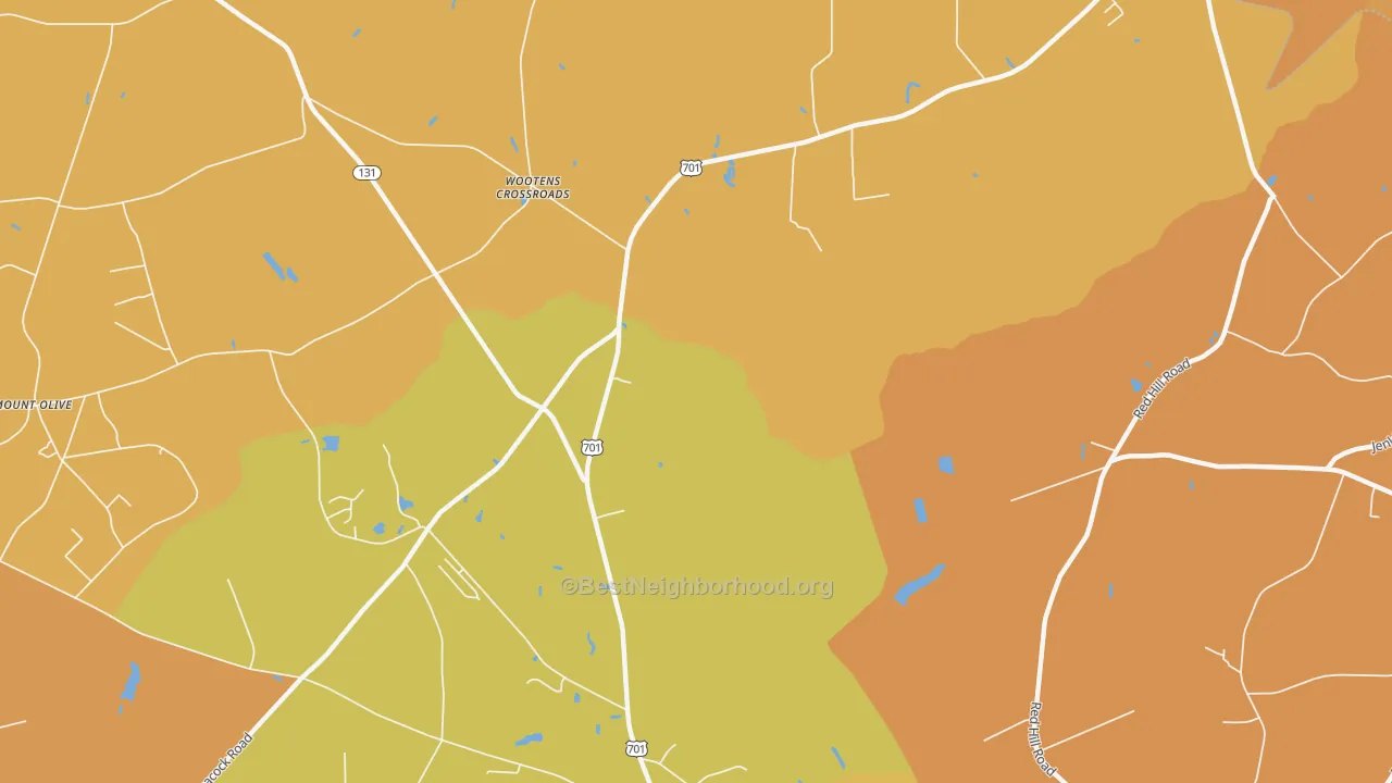 Map of the best neighborhoods in the Wootens Crossroads area, with better matches in green and worse matches in red