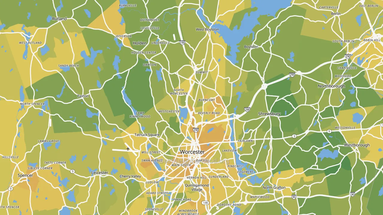 Map of the best neighborhoods in the Worcester County area, with better matches in green and worse matches in red