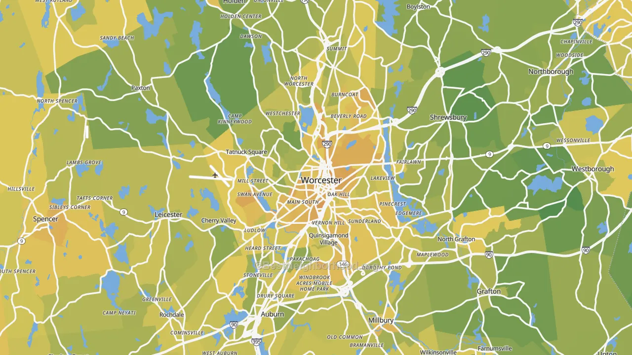 Map of the best neighborhoods in the Worcester Metro area, with better matches in green and worse matches in red