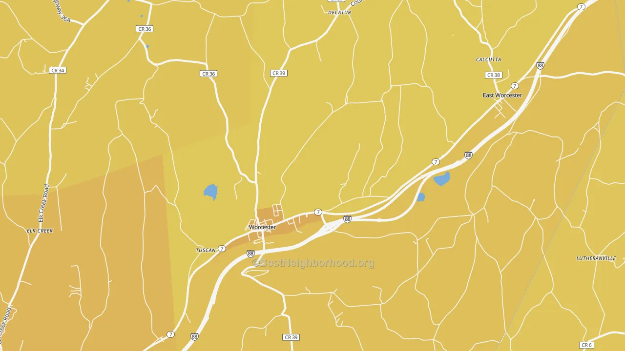 Map of the best neighborhoods in the Worcester area, with better matches in green and worse matches in red