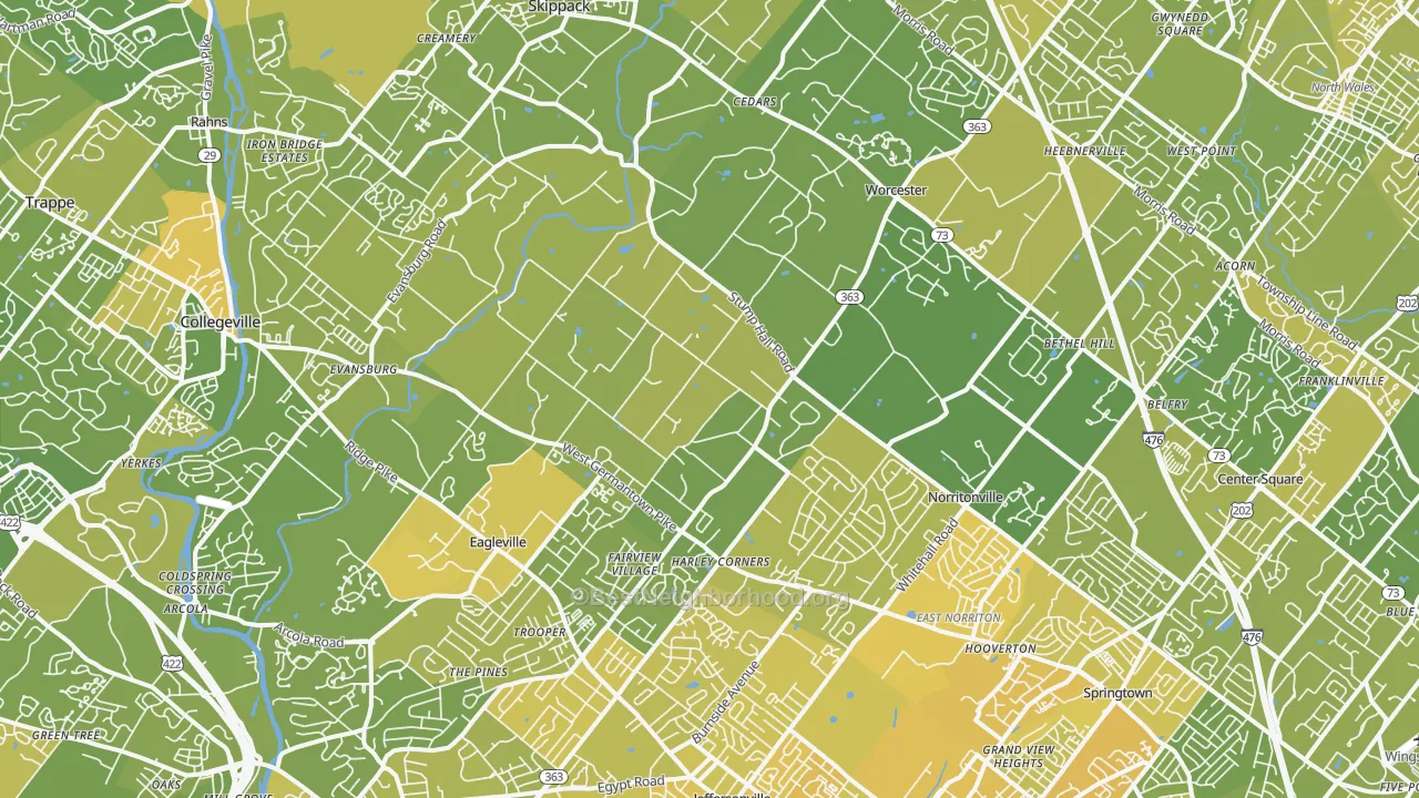 Map of the best neighborhoods in the Worcester area, with better matches in green and worse matches in red
