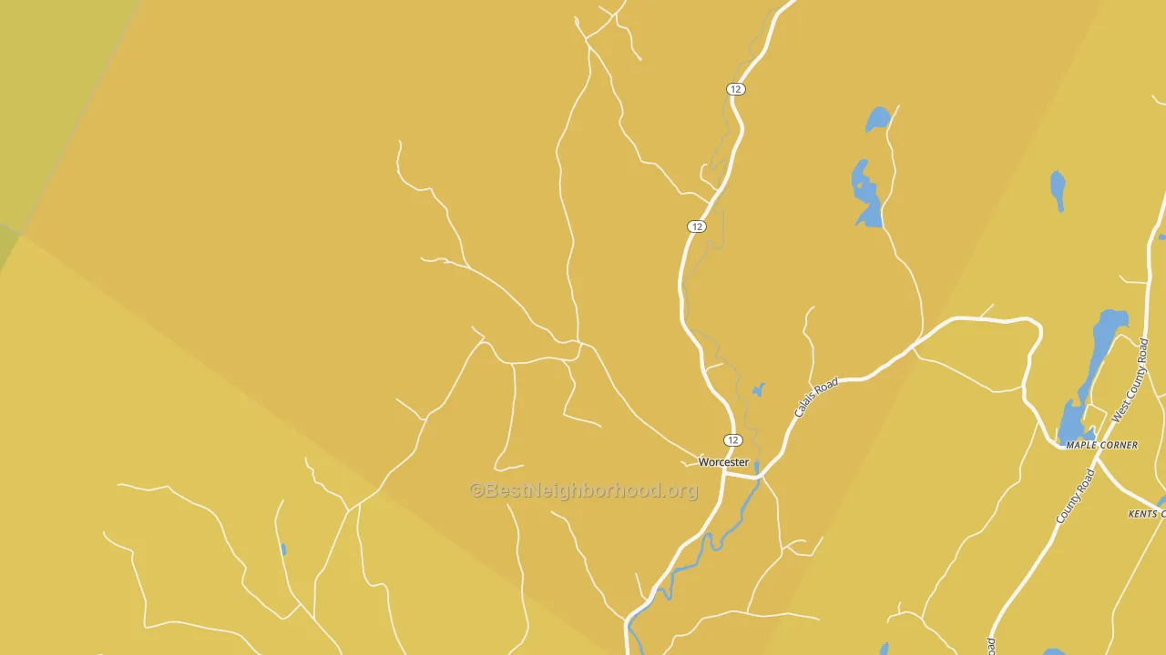 Map of the best neighborhoods in the Worcester area, with better matches in green and worse matches in red