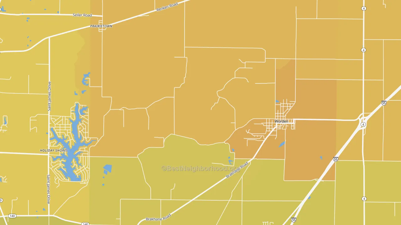 Map of the best neighborhoods in the Worden area, with better matches in green and worse matches in red