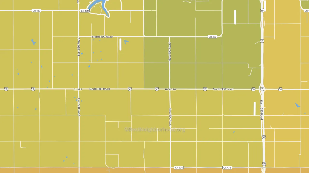 Map of the best neighborhoods in the Worden area, with better matches in green and worse matches in red
