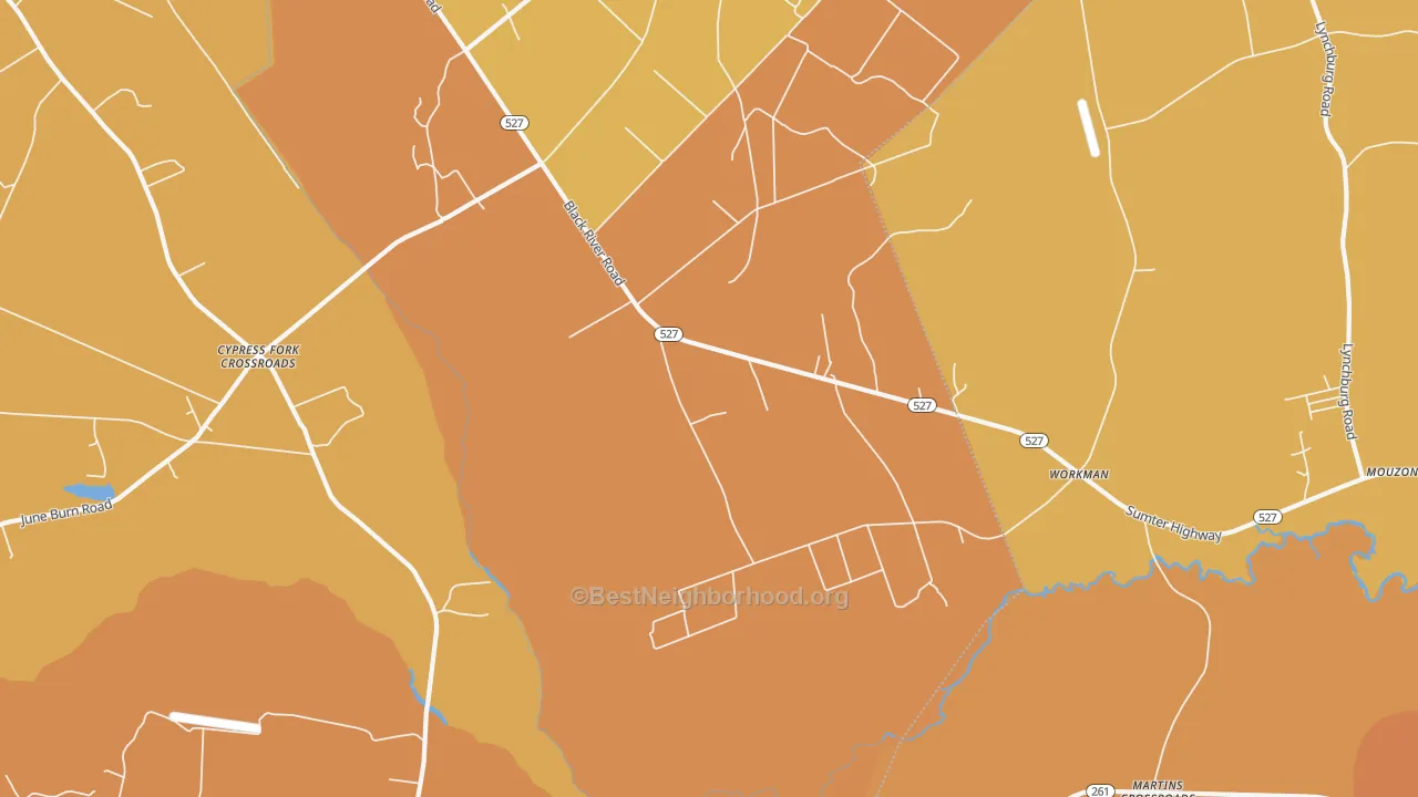 Map of the best neighborhoods in the Workman area, with better matches in green and worse matches in red