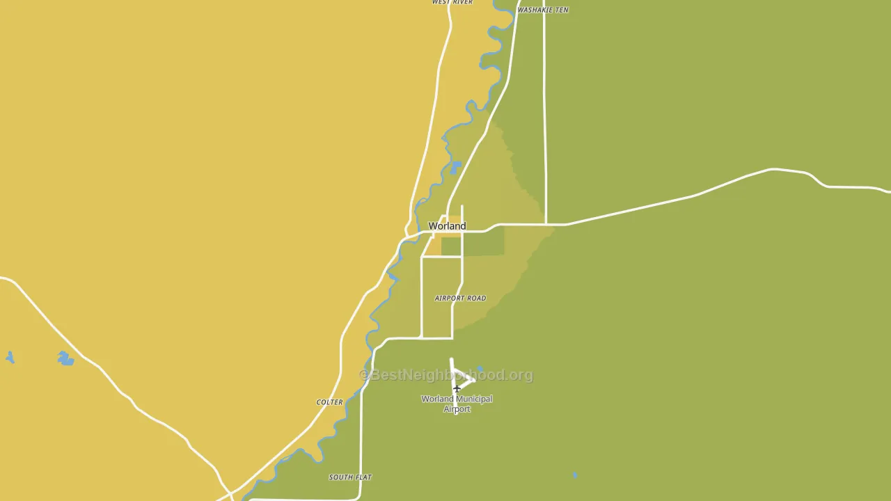 Map of the best neighborhoods in the Worland area, with better matches in green and worse matches in red