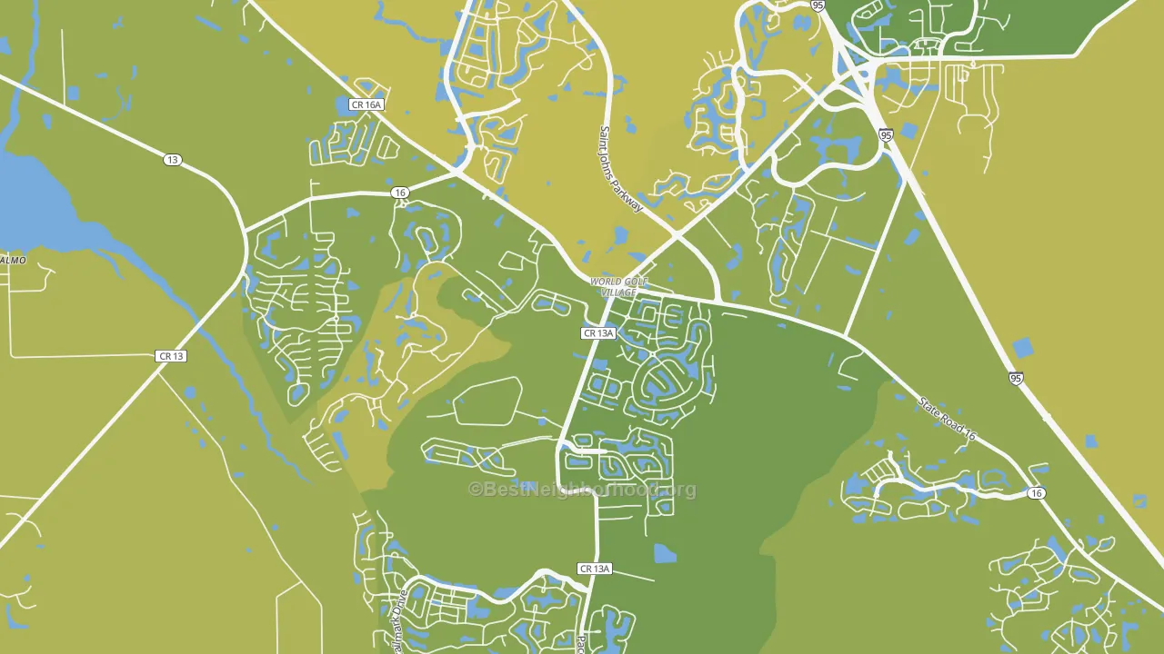 Map of the best neighborhoods in the World Golf Village area, with better matches in green and worse matches in red