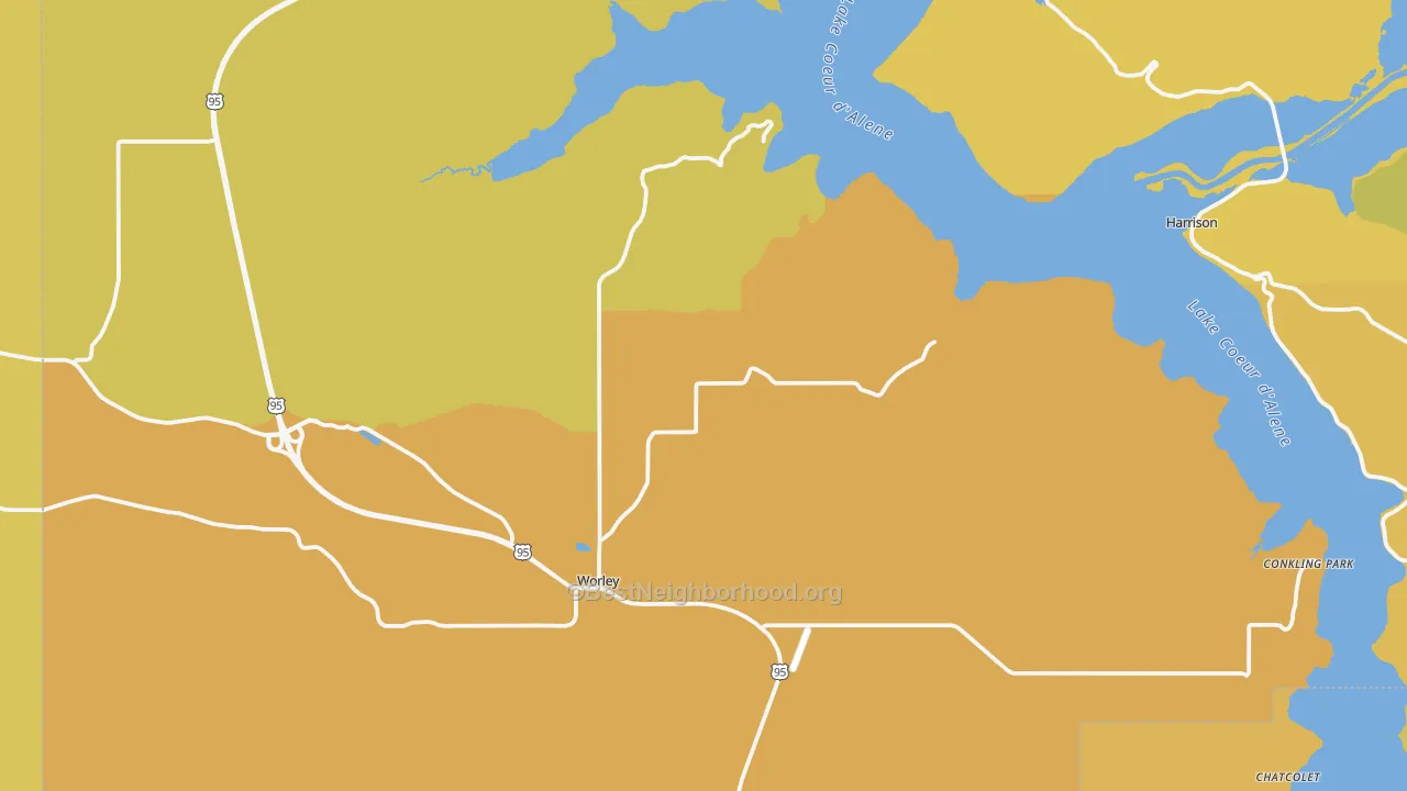 Map of the best neighborhoods in the Worley area, with better matches in green and worse matches in red