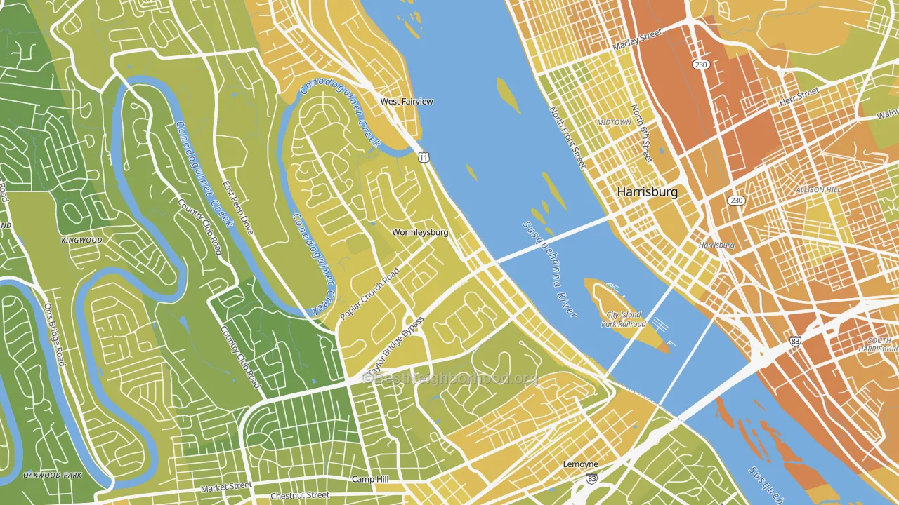 Map of the best neighborhoods in the Wormleysburg area, with better matches in green and worse matches in red