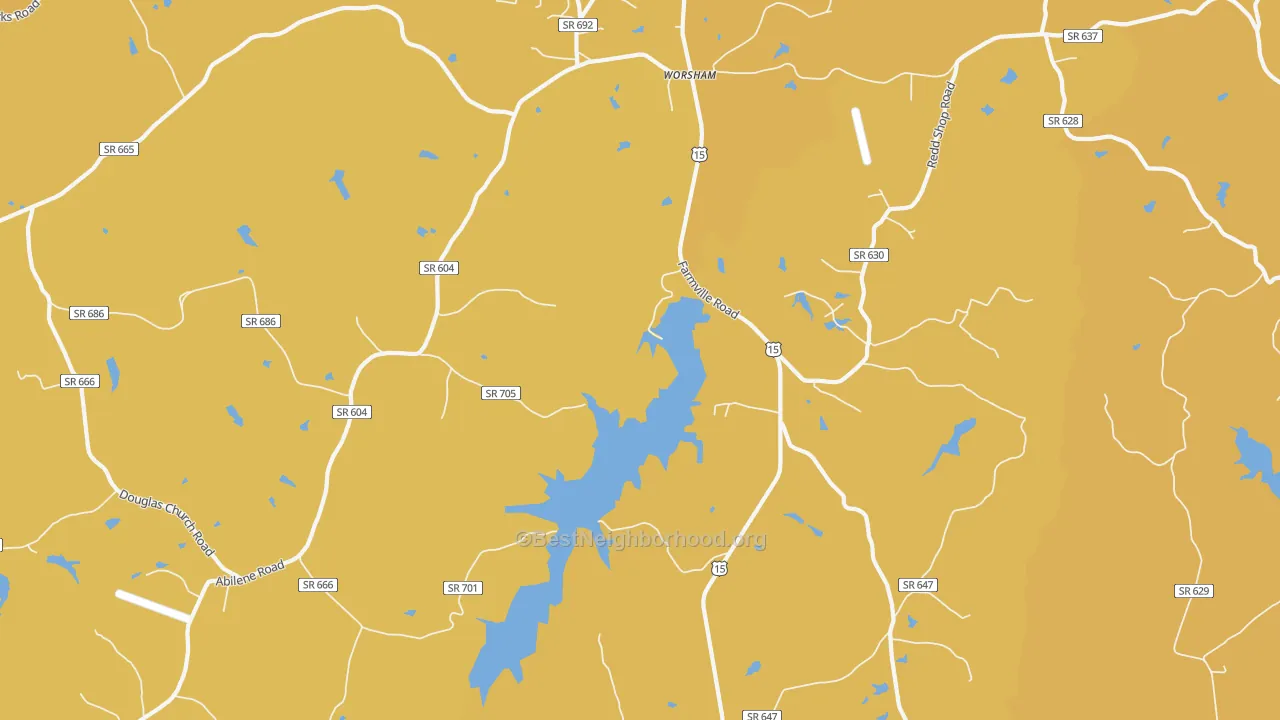 Map of the best neighborhoods in the Worsham area, with better matches in green and worse matches in red