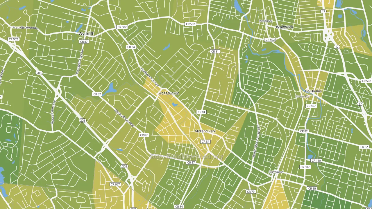 Map of the best neighborhoods in the Wortendyke, Midland Park area, with better matches in green and worse matches in red
