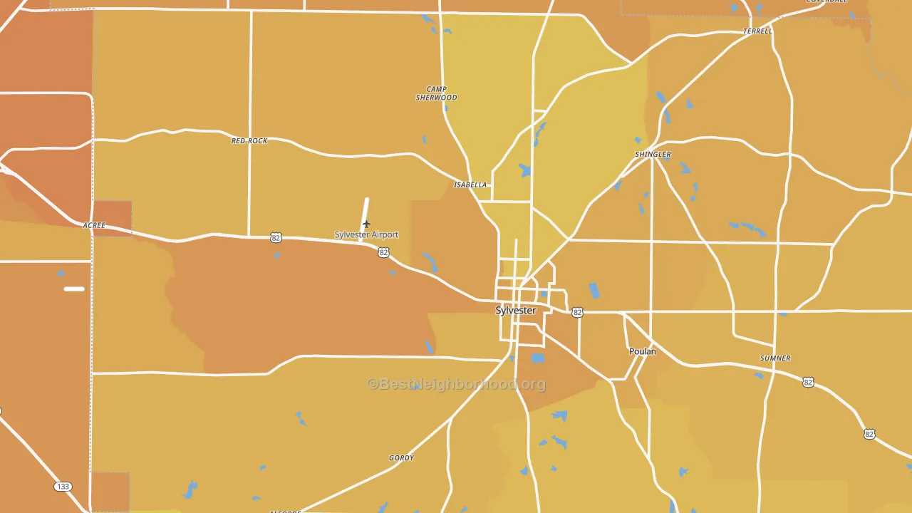 Map of the best neighborhoods in the Worth County area, with better matches in green and worse matches in red
