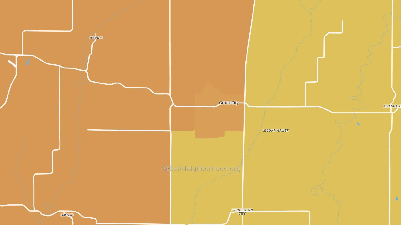 Map of the best neighborhoods in the Worth County area, with better matches in green and worse matches in red